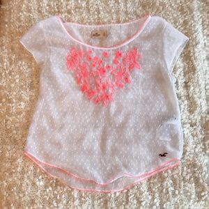 Sheer white shirt with neon pink details